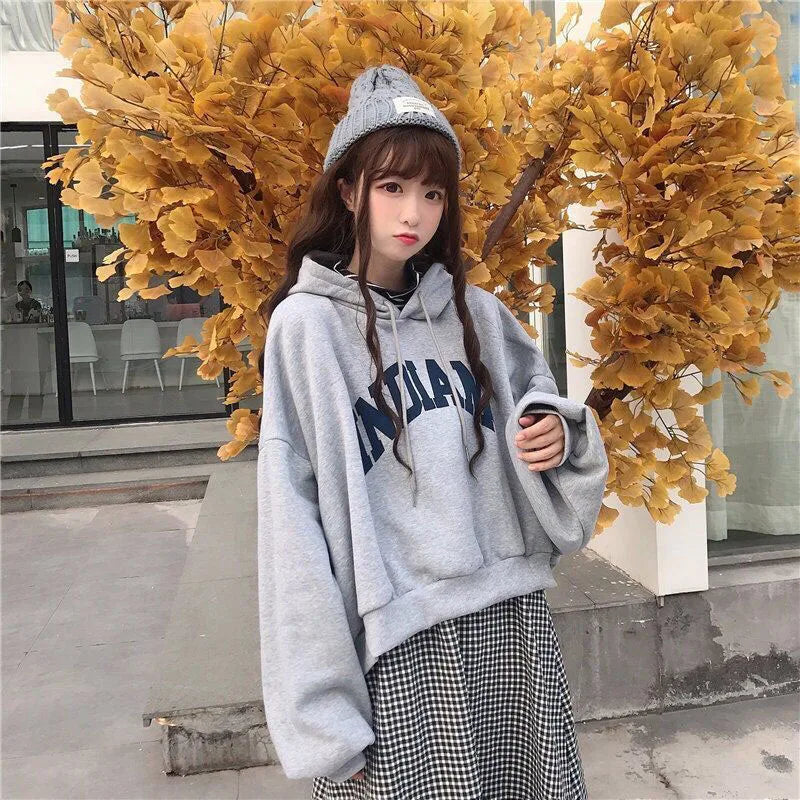 Autumn Thick Women Hoodies Fashion Loose Fake Two Piece Letter Printing Tops Harajuku Warm Preppy All Match Crop Sweatshirts - reetell