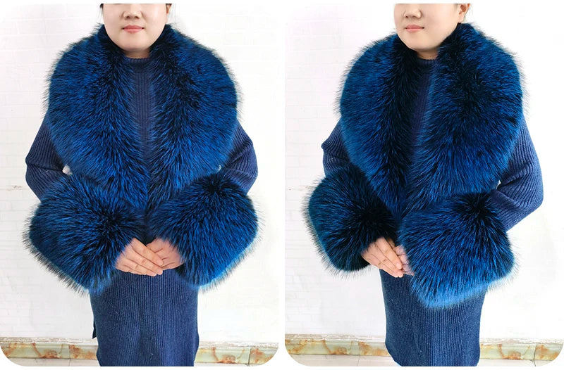 Winter Faux Fur Collar Cuffs Set Women Fluffy Large Shawl Coat Accessories Warm Fashion Fake Fox Fur Scarf Furry Scarves Female - reetell