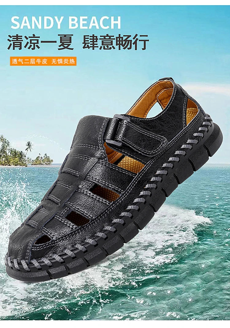 Genuine Leather Sandal for Men Round Toe Lightweight Comfortable Trendy All-match Breathable Fashion Non-slip Shoes Summer Main