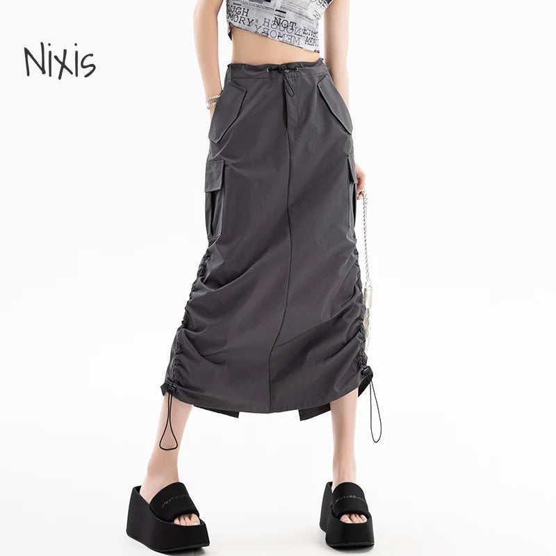 American Retro Cargo Skirt for Women Summer Slit Design Drawstring High Waist Mid-length Skirt Y2k Streetwear Fashion Clothing - reetell