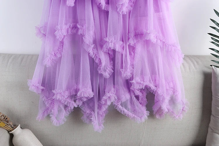 TIGENA Tutu Tulle Long Skirt for Women 2023 New Summer Korean Aesthetic Cute Irregular Mesh High Waist Maxi Skirt Female Purple - reetell