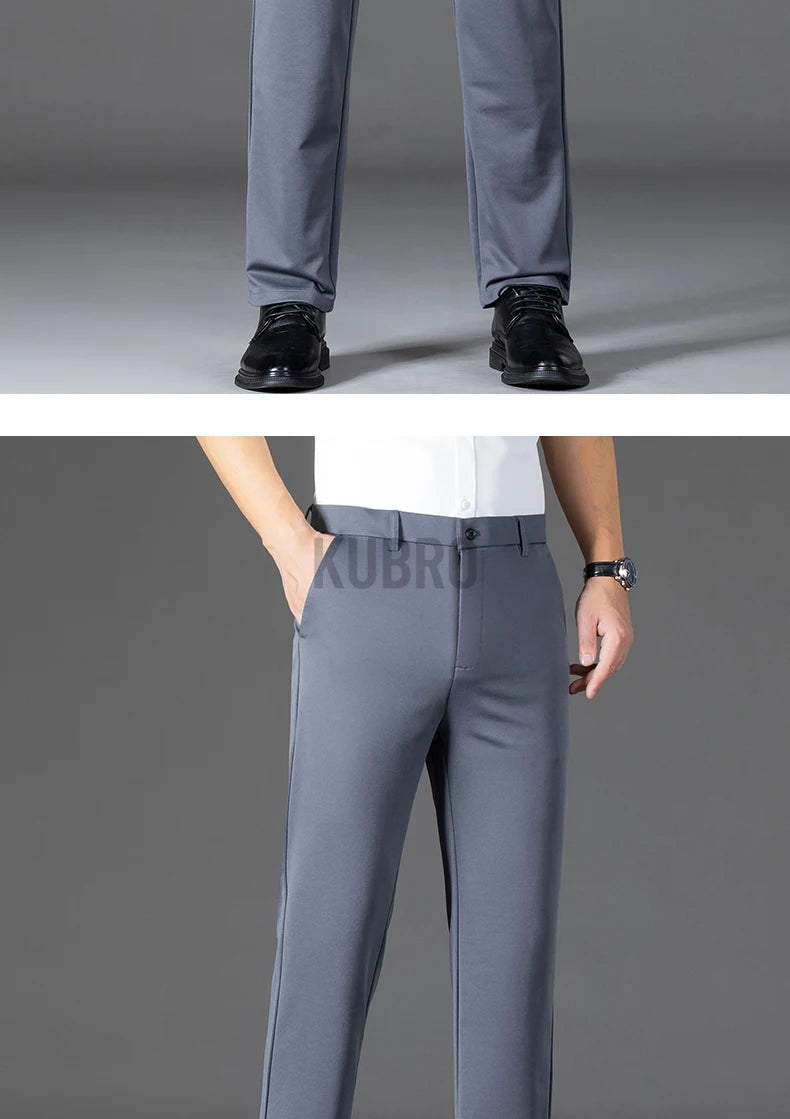 KUBRO Men's Summer Thin Fashion Business Casual Suit Pants Long Pants Men's Elastic Straight Sleeve Formal Pants Plus Size 2024 - reetell