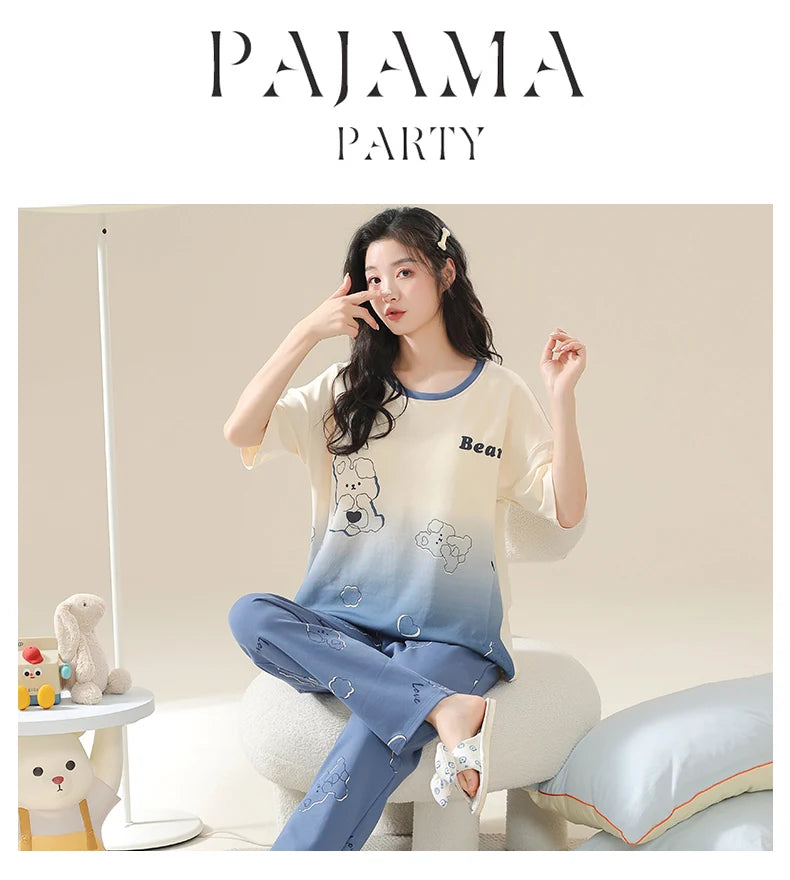 SUKAE Summer Women Pajamas Set Plus Size M-5XL Cotton Women's Pajama Short Sleeves Nightwear Sleepwear Korean Pijamas for Girl