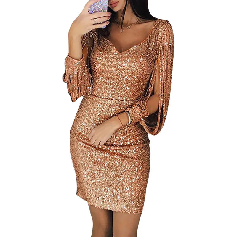 Women's Sparkly Sequin Short Evening Dress, V Neck, Chic Tassel, Long Sleeve, Solid Silver, Female, Wedding, Sexy, Fashion - reetell