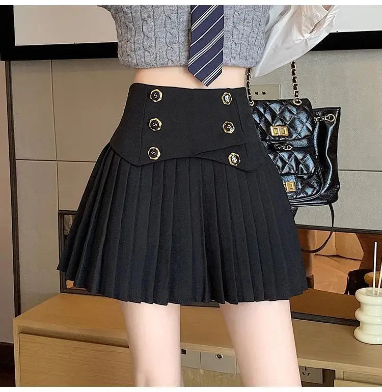 Pleated Skirt New Spring Autumn All-match Buttons Solid Color High Waist A-line Skirt Femme Preppy Style Pleated Trend Skirts - reetell