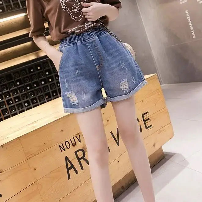 Large Size Broken Hole Cowboy Shorts Women Thin Section Wide Loose Tight High Waist Skinny A Word Wide Leg Fattening Hollowing - reetell