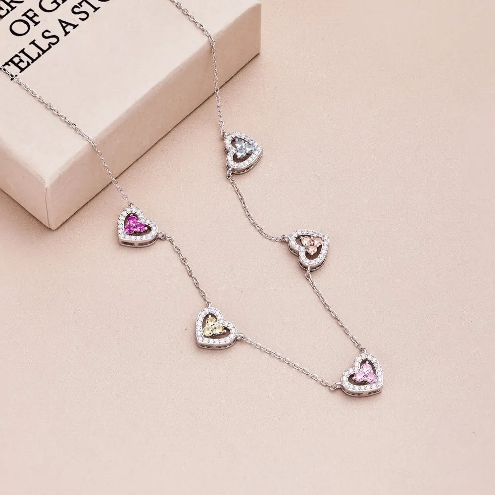 True S925 Silver Heart Necklace Women Rainbow Heart Charm Pendant Necklace Female Luxury Jewelry Sparkling 5A Zircon Girl Gift