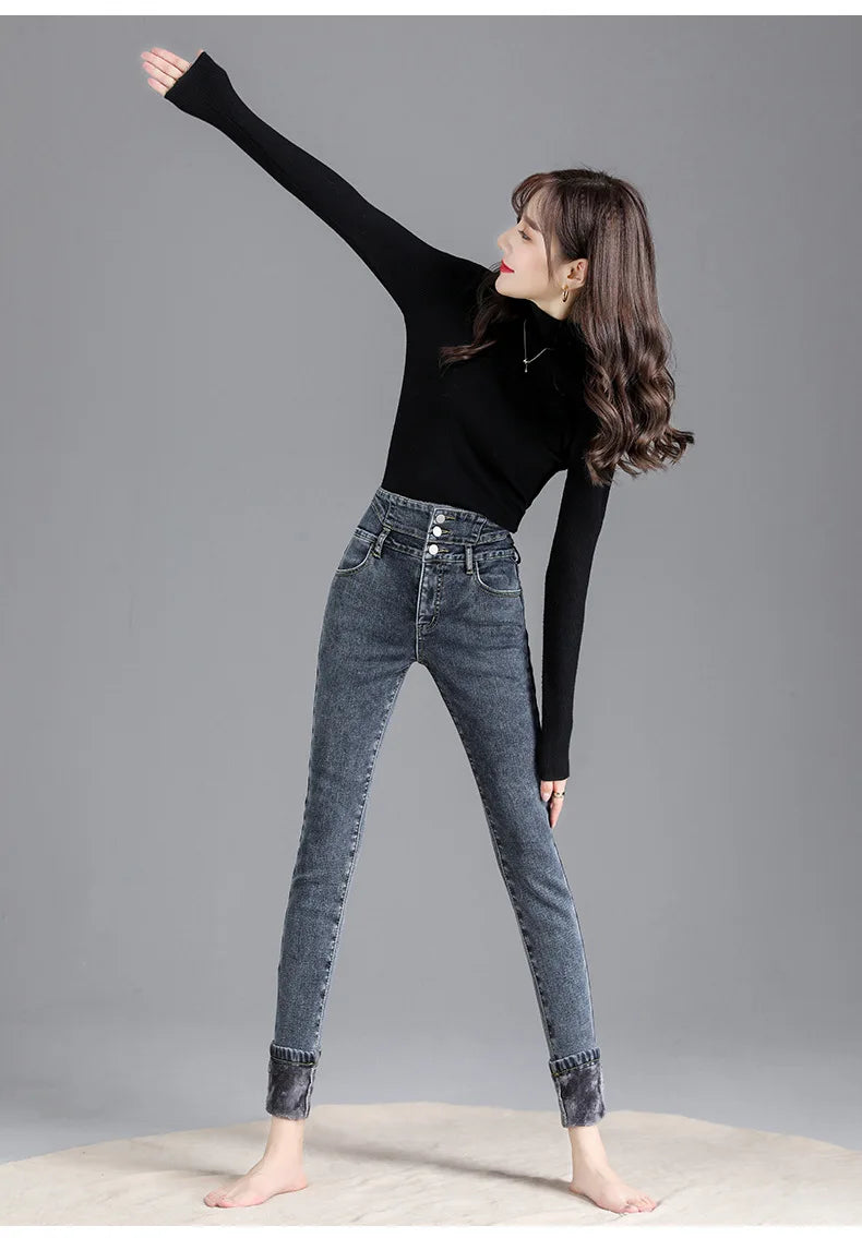 Thermal Winter Thick Fleece High-waist Warm Skinny Jeans Thick Women Stretch Button Pencil Pants Mom Casual Velvet Jeans - reetell