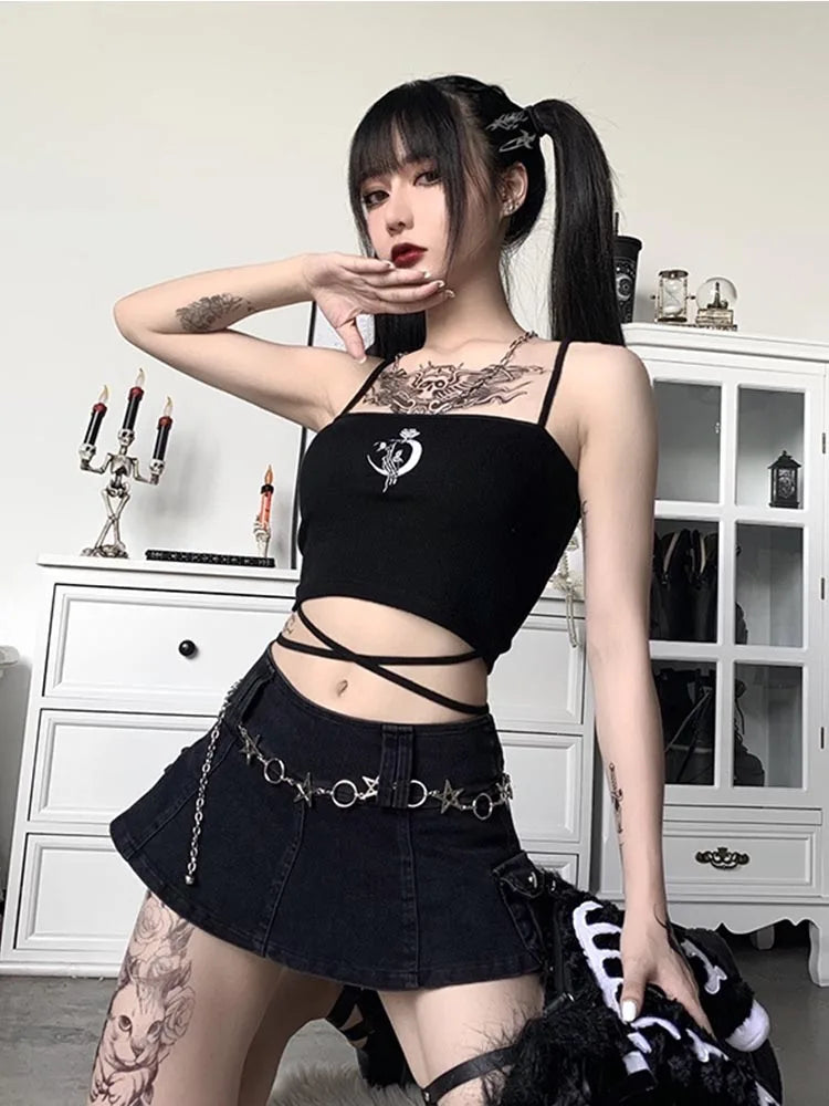 Gothic Women's Print Suspender Sleeveless Square Neck Slim Crop Top Sexy Halter Bottoming Shirt  Girls Party Wear - reetell