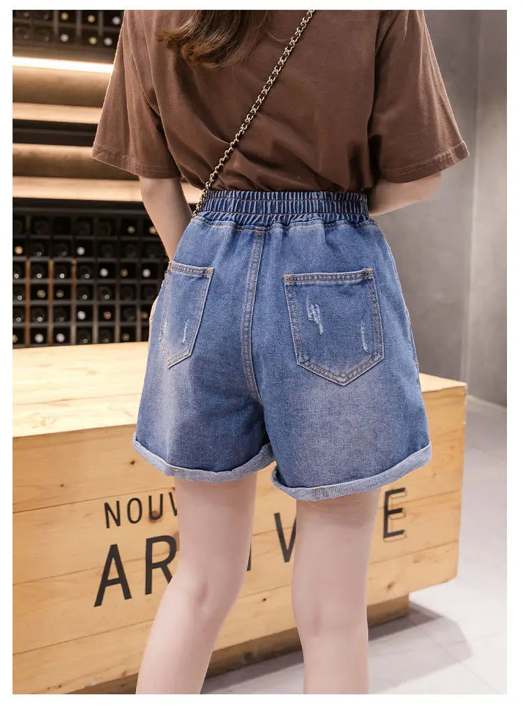 Large Size Broken Hole Cowboy Shorts Women Thin Section Wide Loose Tight High Waist Skinny A Word Wide Leg Fattening Hollowing - reetell