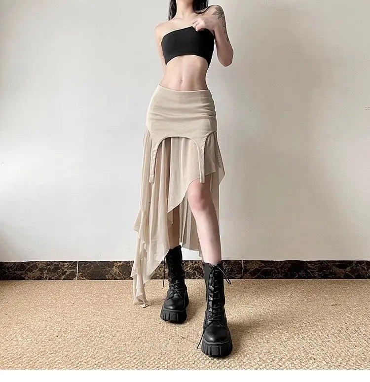 Women Clothes Vintage Y2K Harajuku Aesthetic Fairy Asymmetrical Skirts Summer Female Sexy Split Solid High Waist Slim Midi Skirt - reetell