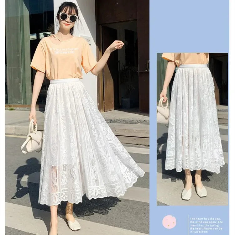 Lace High Waist Skirt Women Faldas Ropa Mujer Casual Loose Summer White Long Skirts Ladies Fashion Jupe Solid Woman Clothes Saia - reetell