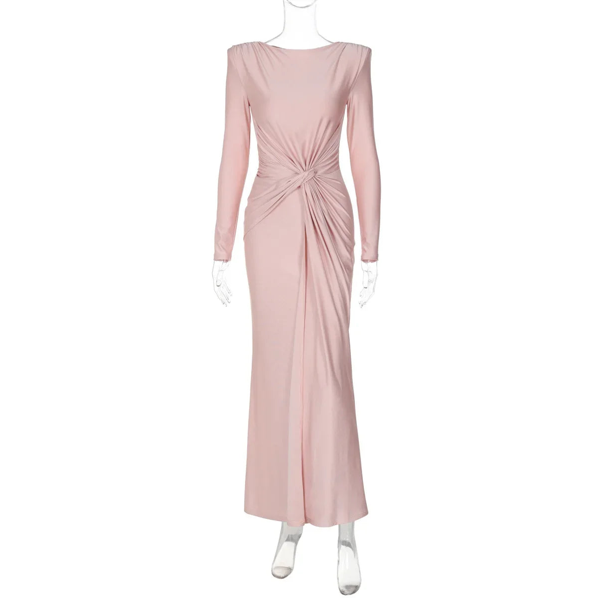 Elegant High Waist Folds Long Maxi Pink Dresses for Women 2024 Fall O-neck Long Sleeve Tunics Slim Solid Party Evening Dress - reetell