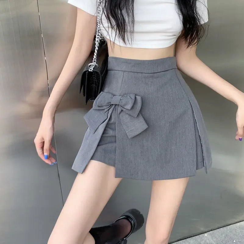 Zoki Cute Bow Women Sexy Pleated Skirt Janpan Sweet High Waist Student A Line Mini Skirt Summer Zipper Female Solid Color Skirt - reetell