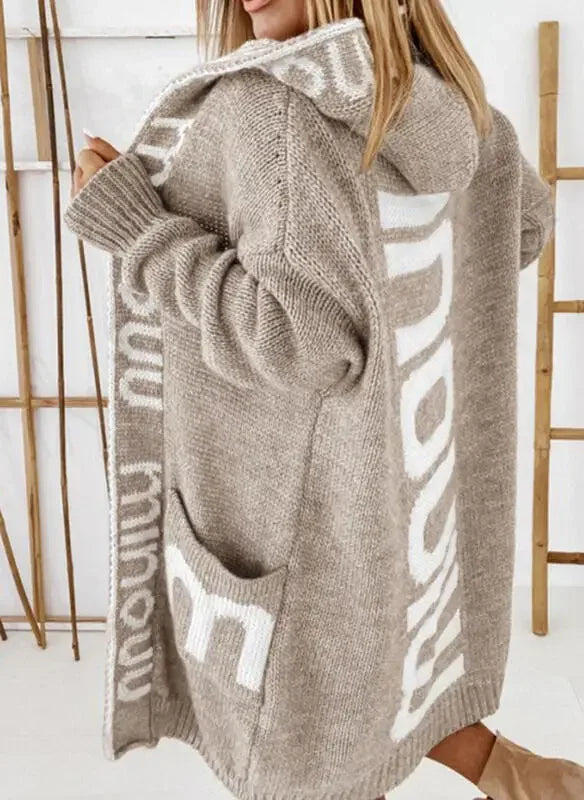 Women's Long Hooded Cardigan, Knitted Coat, Letter Pattern Knitwear, Vintage Long Knitwear, Loose, Monochromatic, Casual Sweater - reetell