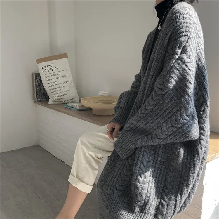 Women Cardigan Jacket Long Coat Solid Thicken Sweater Autumn Winter Street Wear Loose Warm Overcoat Female Topcoat Fashion Retro - reetell