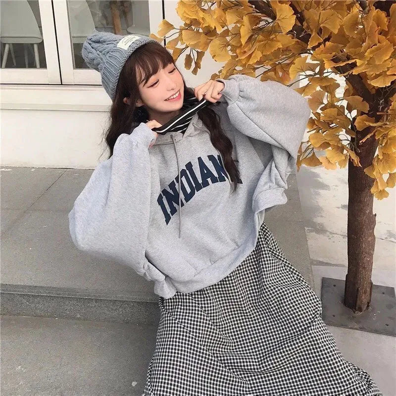 Autumn Thick Women Hoodies Fashion Loose Fake Two Piece Letter Printing Tops Harajuku Warm Preppy All Match Crop Sweatshirts - reetell