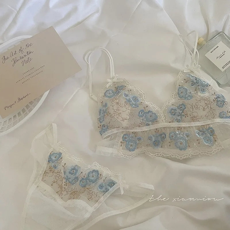 Sexy White Lingerie Set French Lace Blue Flowers Embroidery Bra Set Women Ultra Thin Breathable Underwear Triangle Cup Bralette - reetell