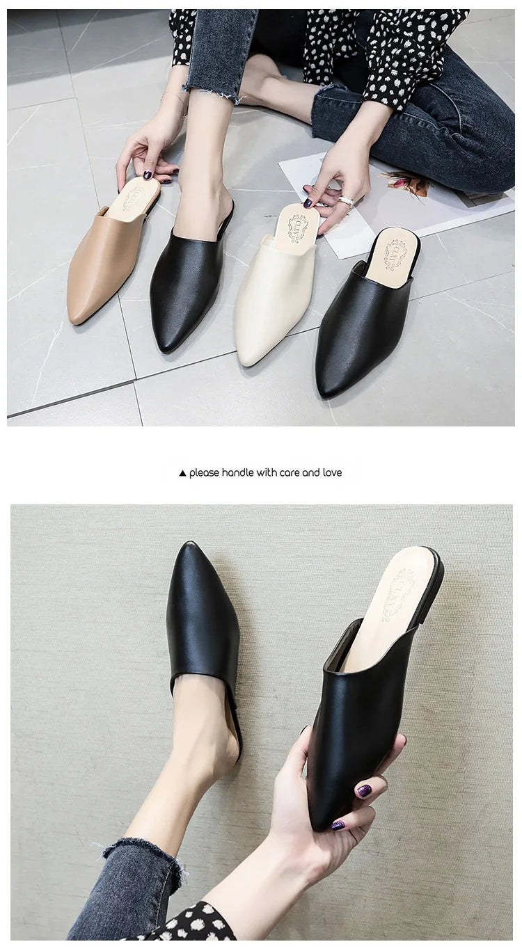 Women Spring Summer Slippers Mules Soft Leather Pointed Toe Slip On Sandalias Soild Mature Fashion Casual Low-heeled Shoes Mujer