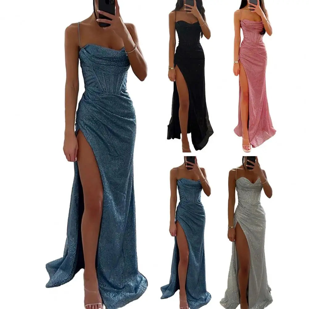 Woman Spring Summer Bodycon Dress Sexy Shiny Sequins Spaghetti Strap Split High Waist Dress Lady Prom Dress Evening Dresses - reetell