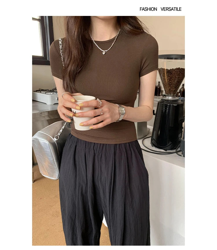 Basic Solid Crop Top Short Sleeve Crewneck Skinny T-shirt Summer Casual Tee for Women y2k Vintage Top Harajuku Streetwear - reetell