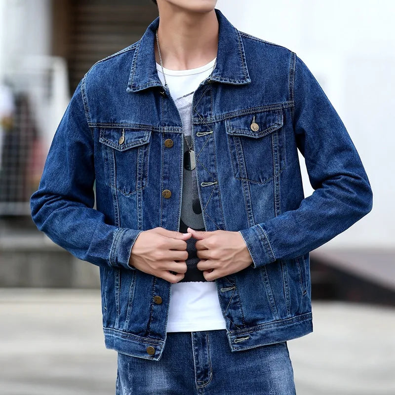 New Spring Autumn Men's Denim Jackets Casual Streetwear Outerwear Solid Color Single Breasted Turn Down Collar Denim Jacket Men