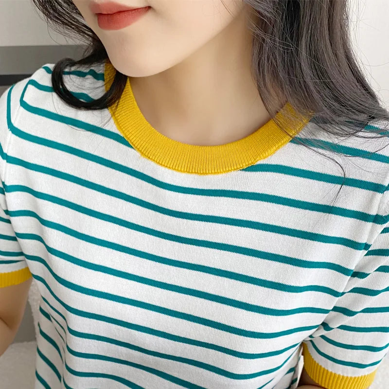 Short Sleeve T-shirts Women Striped Basic Chic Simple All-match Harajuku Retro Cotton O-neck Trendy Loose Leisure Cozy Womens - reetell