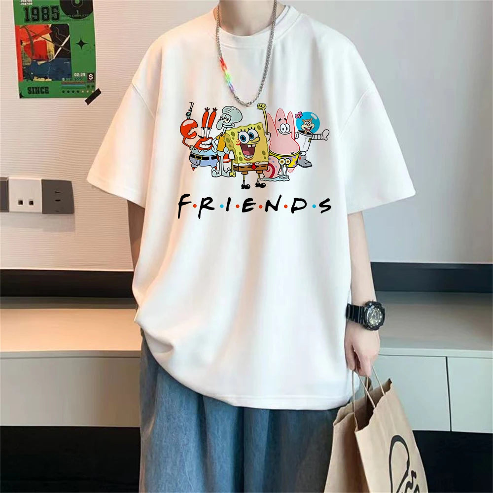 Men T-shirt Cartoon Sponges-bobs Print Cotton Women Girl Tops Casual Female Short-sleeved White Round Neck Oversized T-shirts - reetell