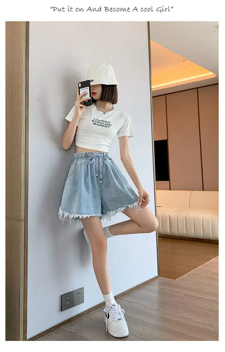 Big Size Denim Shorts Summer Thin Section Wide Leg Wide Loose Tight High Waist Female Students Fattening Women Tassel Wide - reetell