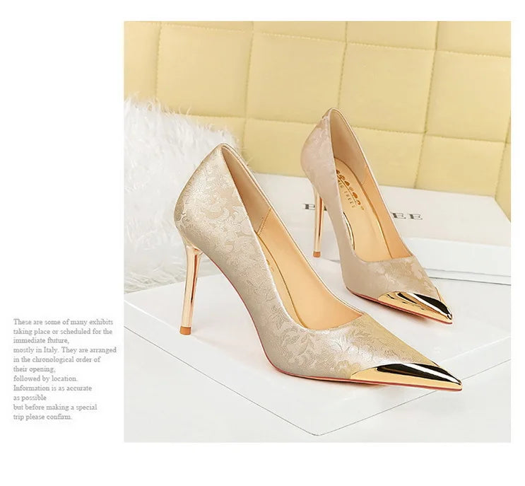 BIGTREE Shoes Metal Pointed End Women Pumps Silks Satins High Heels Ethnic Style Women Stilettos Heels 10 Cm Banquet High Heels