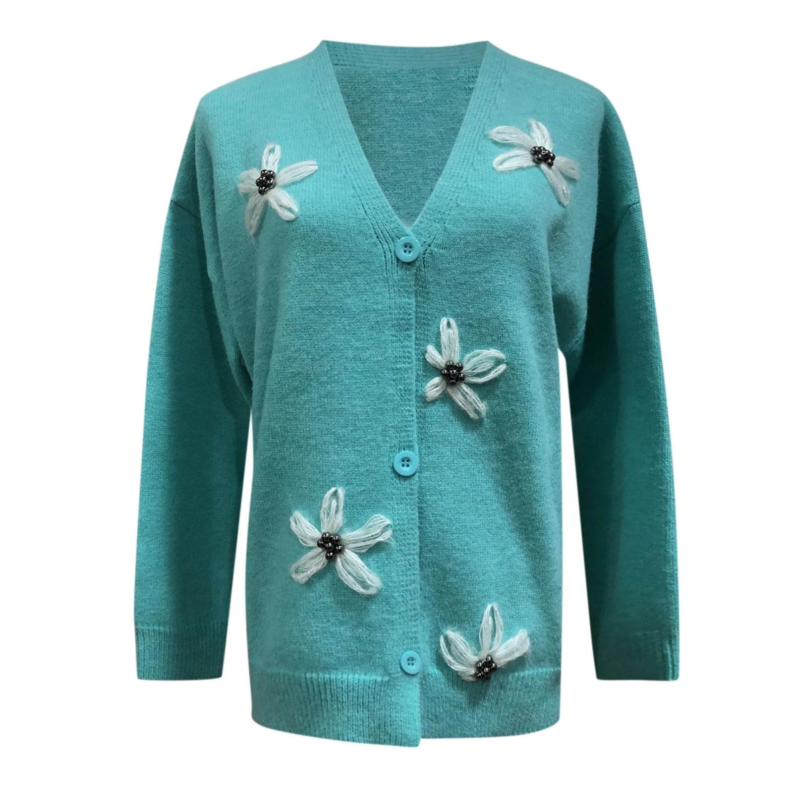 Women Cardigan Daisy Embroidery Knitted Sweater Single Breasted Full Sleeve V-Neck Autumn Outwear Green Cardigan Floral Pattern - reetell