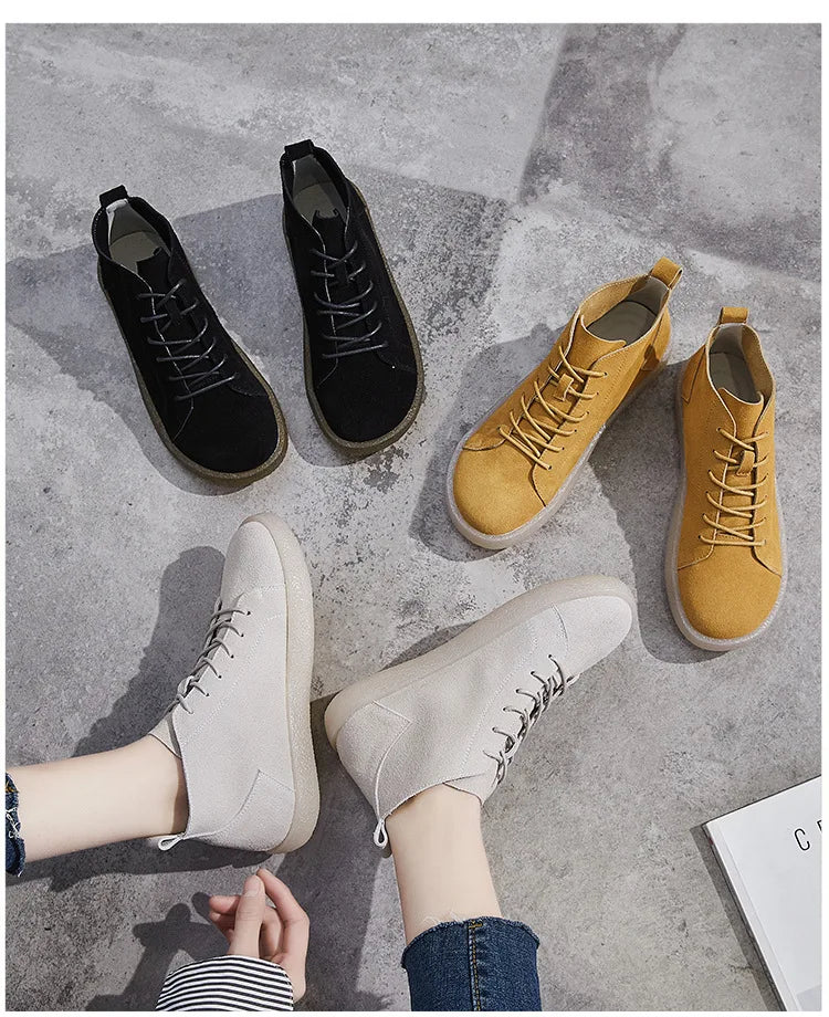 Soft Sole Single Shoes Spring and Autumn Flat Sole Women's Shoes Retro Single Layer High Top Frosted Leather  Ankle Boots Women