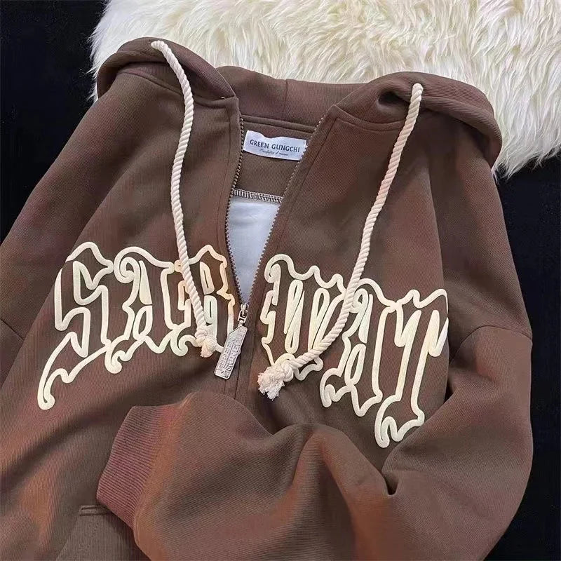 Hiphop Letter Embroidery Sweatshirt Women Autumn Harajuku Zip Up Casual Loose Hoodie Retro Long Sleeve Hooded Jacket Y2K Clothes - reetell