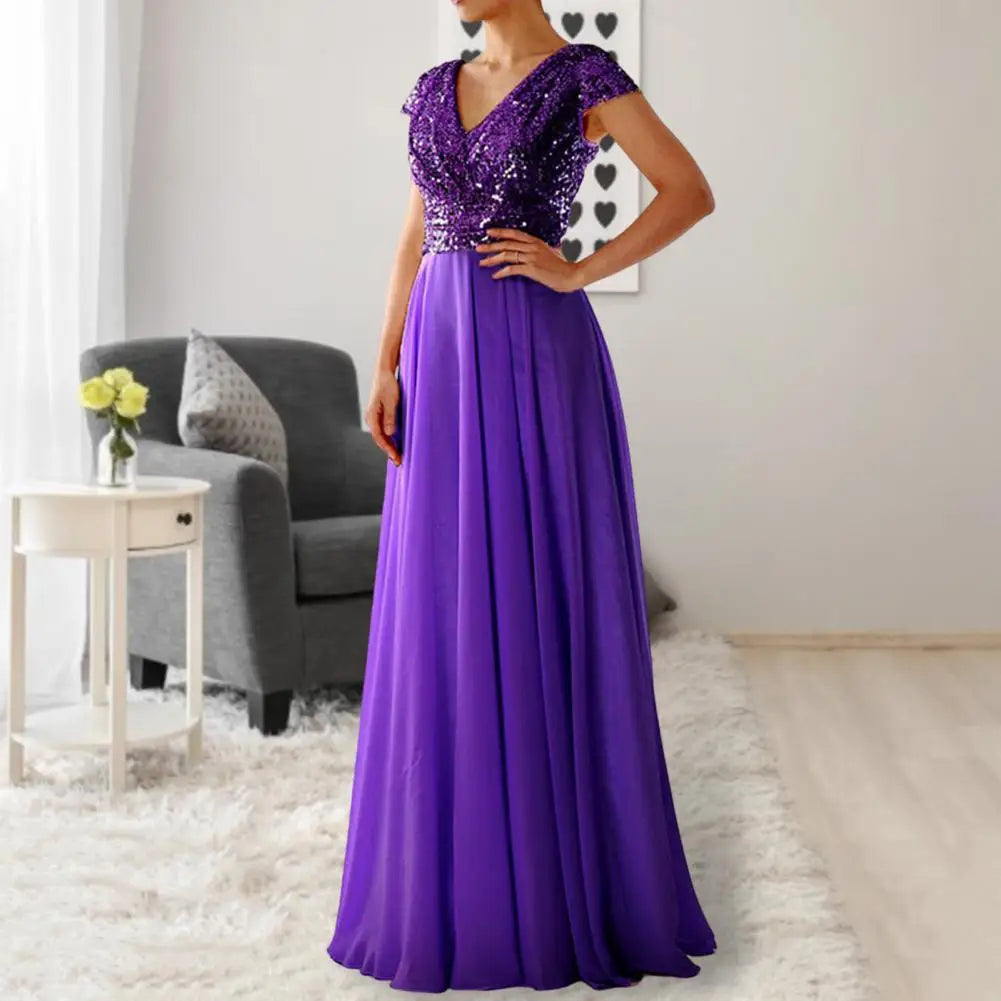 Popular Evening Dress Floor Length Dressing Up Soft Luxury Shiny Sequins Chiffon Splicing Bridesmaid Dress - reetell