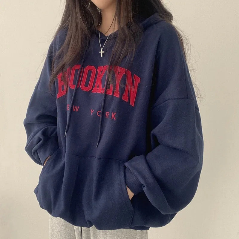 BROOKLYN Letter Print Hoodies Women Retro Chic Long Sleeve Loose Pullovers 2023 Harajuku Casual Hooded Sweatshirt Y2K Streetwear - reetell