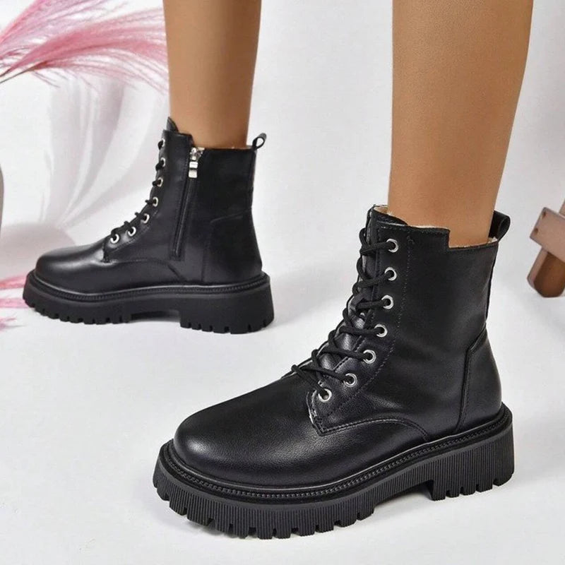 Winter Warm Short Plush Ankle Boots Women Fashion Zip Lace Up Platform Combat Boots Woman Comfy Low Heels Pu Leather Botas Mujer