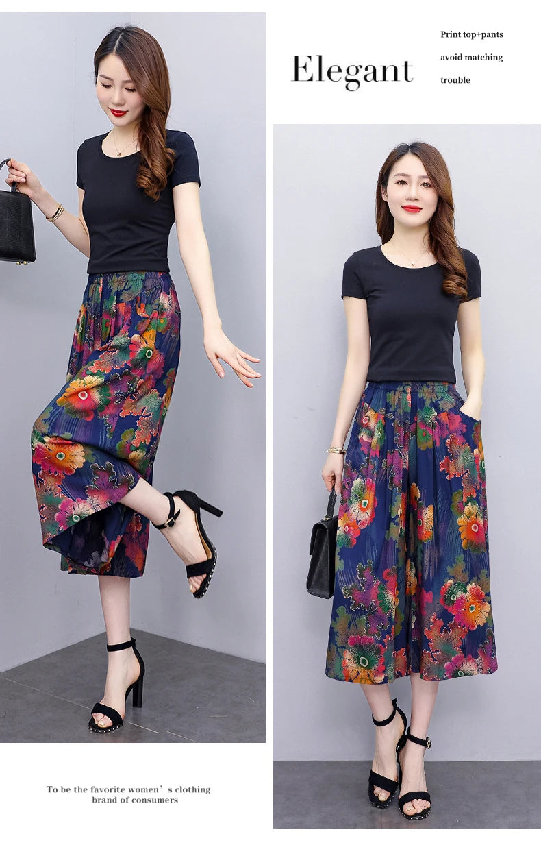 Middle Aged Women's High Waisted Trousers Summer 2023 New Loose Casual Elastic Waist Wide Leg Pants Women Vintage Clothes - reetell