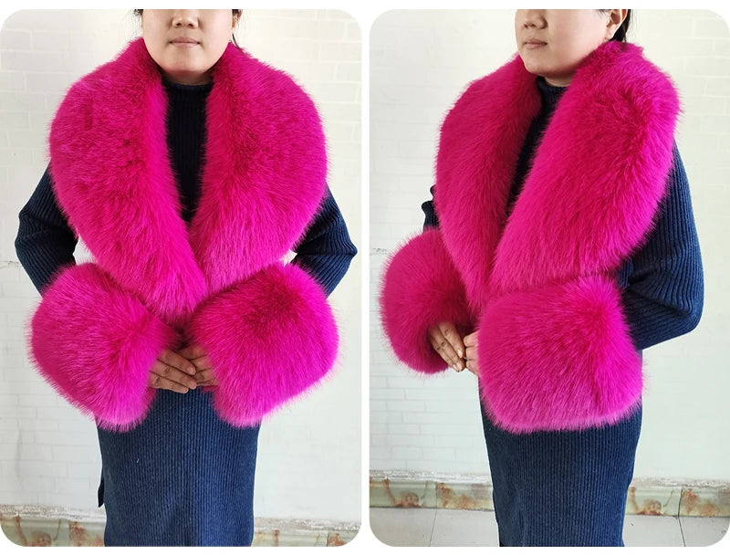 Winter Faux Fur Collar Cuffs Set Women Fluffy Large Shawl Coat Accessories Warm Fashion Fake Fox Fur Scarf Furry Scarves Female - reetell