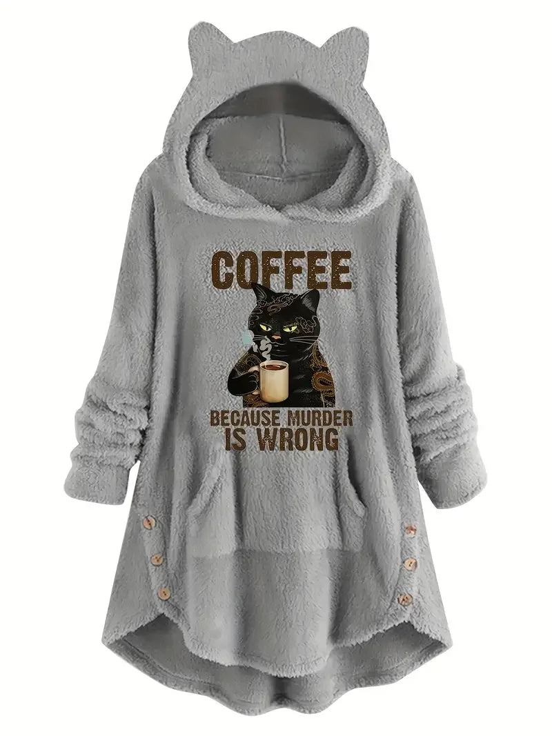 Autumn and Winter Plush Cartoon Printed Long Sleeved Pullover with Hooded Pocket, Loose Casual Hoodie for Women - reetell