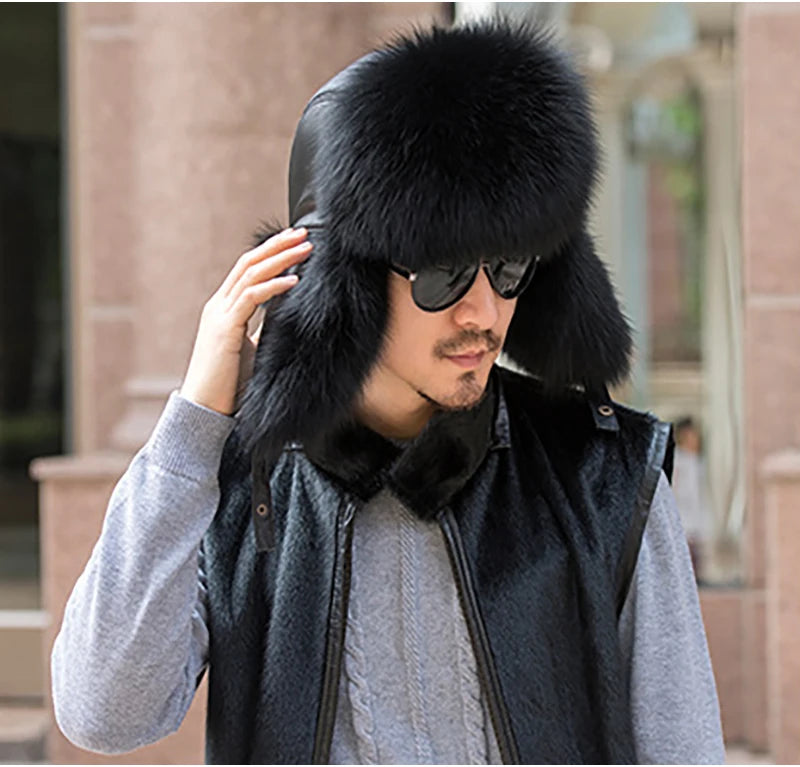 Winter Men's 100% Real Silver Fox Fur Bomber Hat Raccoon Fur Ushanka Cap Trapper Russian Man Ski Hats Caps Real Leather