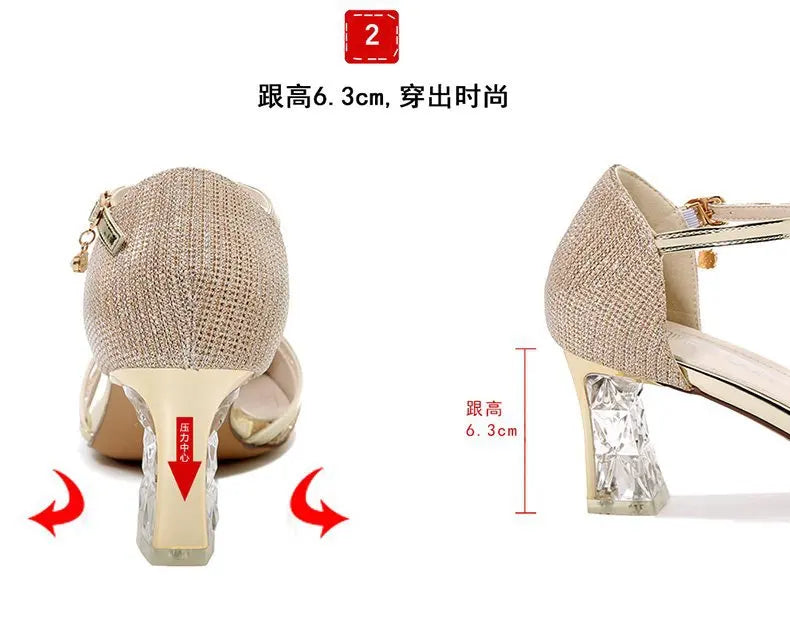 Gold Women Sandals Party High Heels Slip-On Solid Sexy for Ladies Quality Wedding Party Nightclub Sequin Buckle Shoes for Women