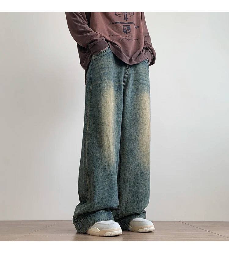 Distressed Vintage Blue Jeans Pants Men Wide-leg Denim Trousers Male Oversize Streetwear Fashion Casual Baggy Straight Jeans - reetell