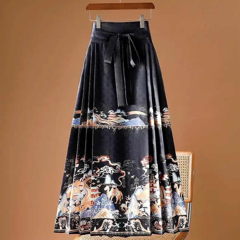 Maxi Chinese Style Horse Face Skirts Women Hanfu Vintage Harajuku Saia Casual Long Print Pleated Skirt Woman Clothing Faldas - reetell