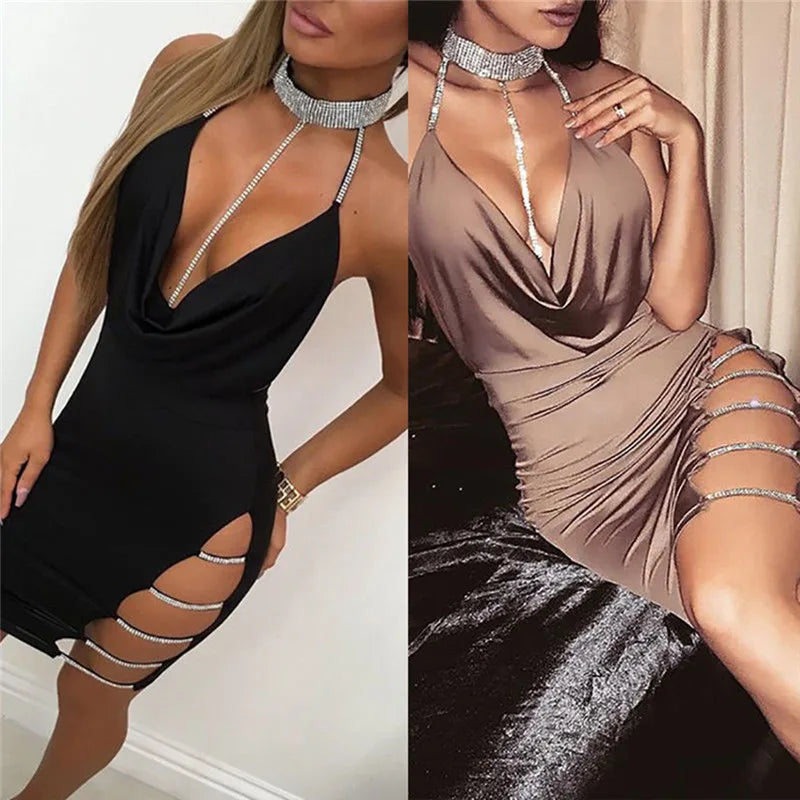 Sexy Deep V Neck Low-cut Side Split Silver Collar Bodycon Dress Women Elegant Backless Sleeveless Mini Dress Club Party Vestidos - reetell