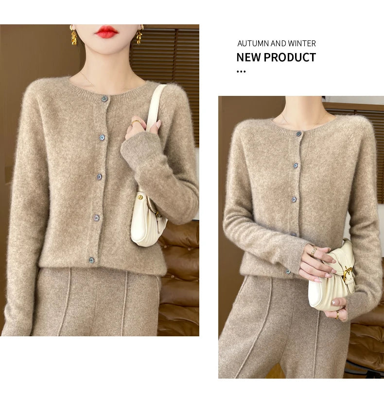 100% Merino Wool Long Sleeve Sweaters Cashmere Cardigan Spring Autumn Women O-Neck Knitwear Tops Clothing Fashion Basic Tops - reetell