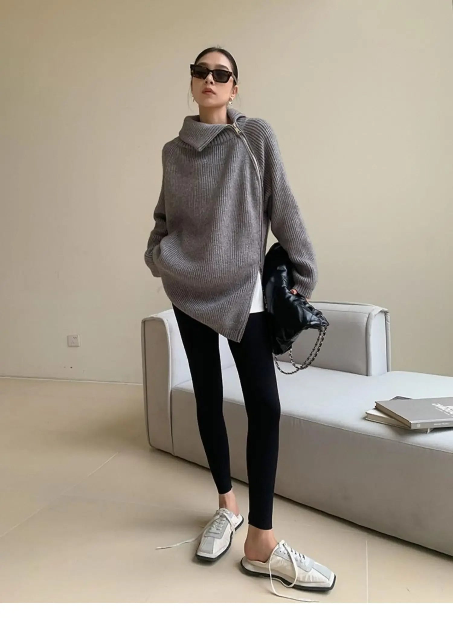 2023 Winter Women's Turtleneck Zipper Oversize Fashion Sweaters Autumn New Knitwears Loose Thick Warm High Neck Solid Pullovers - reetell