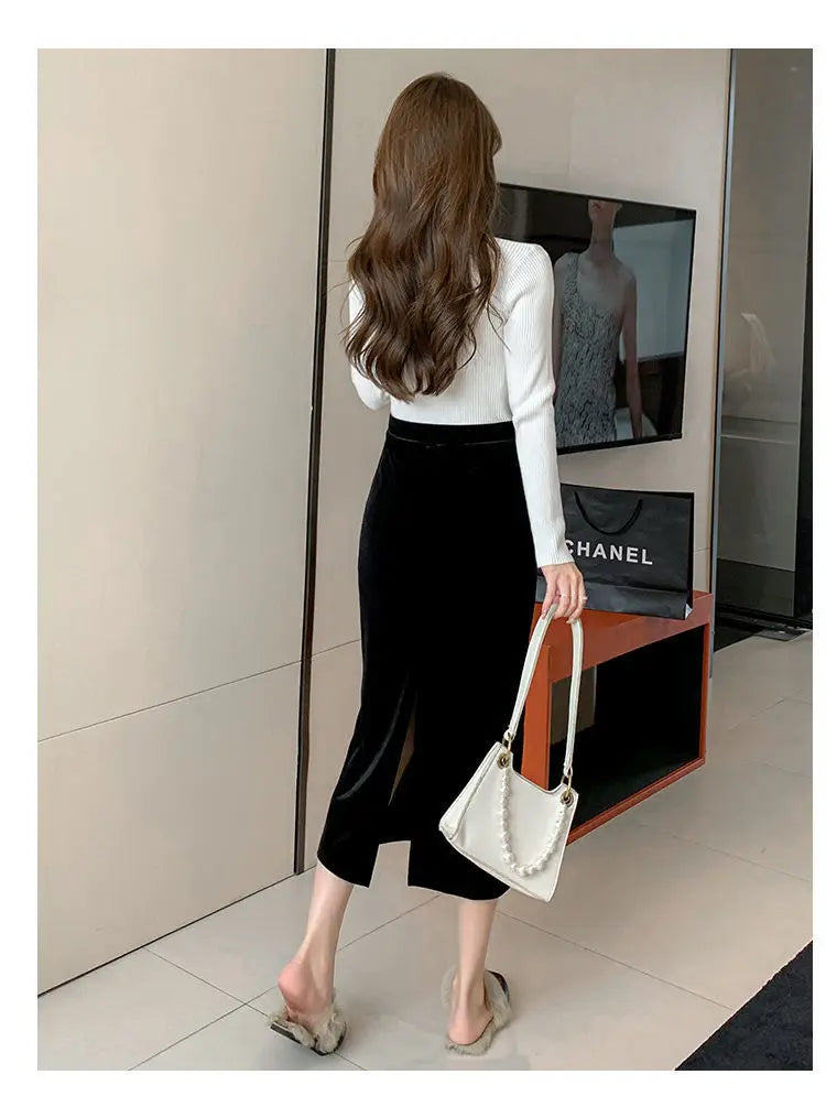 Elegant Velvet Black Long Skirts Women Autumn Winter High Waist Faldas Korean Fahion Clothing Office Ladies Bodycon Midi Skirt - reetell