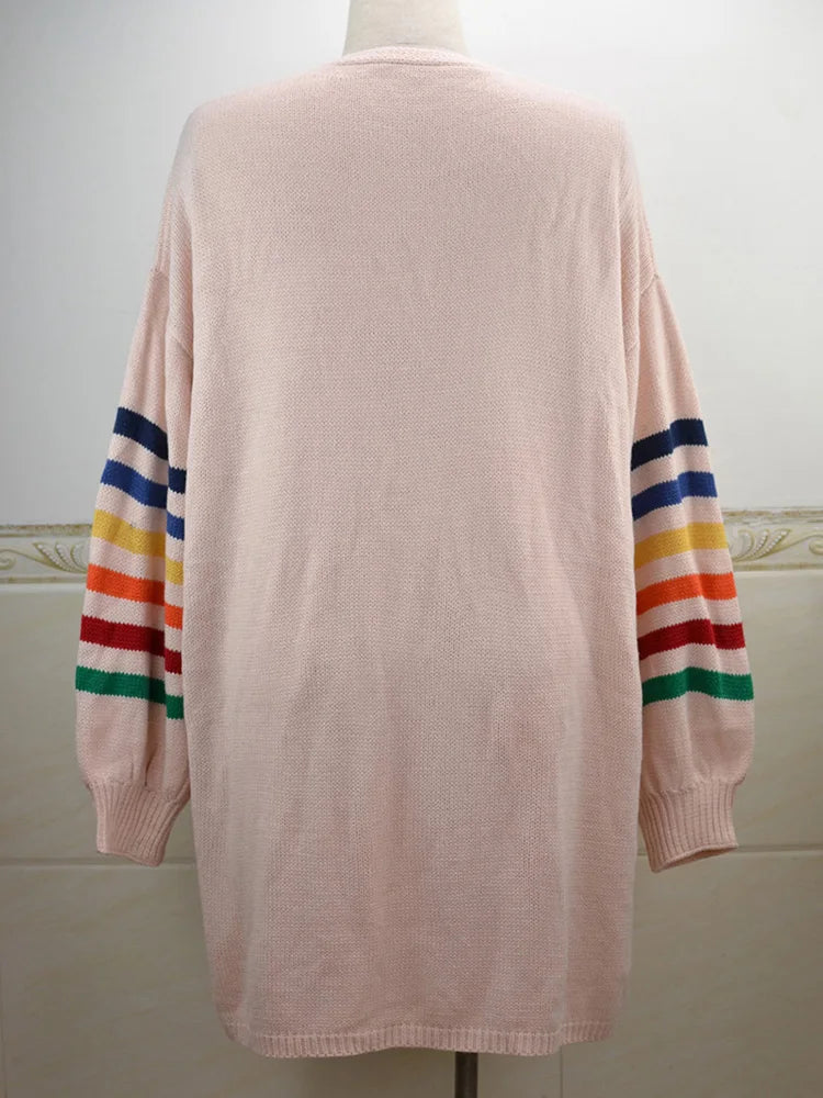 Fitshinling Rainbow Striped Boho Cardigan Winter Long Coat Female Knitwear Pink Slim Sweaters Cardigans For Women Clothes 2022 - reetell