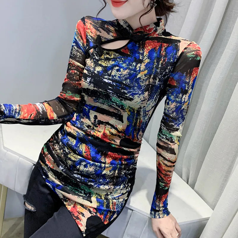 #8140 Tie Dyed Printed T Shirt Women Chinese Style Vintage Asymmetrical T Shirt Female Long Sleeved Stand Collar T-shirt Femme - reetell