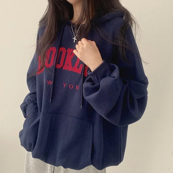 BROOKLYN Letter Print Hoodies Women Retro Chic Long Sleeve Loose Pullovers 2024 Harajuku Casual Hooded Sweatshirt Y2K Streetwear - reetell